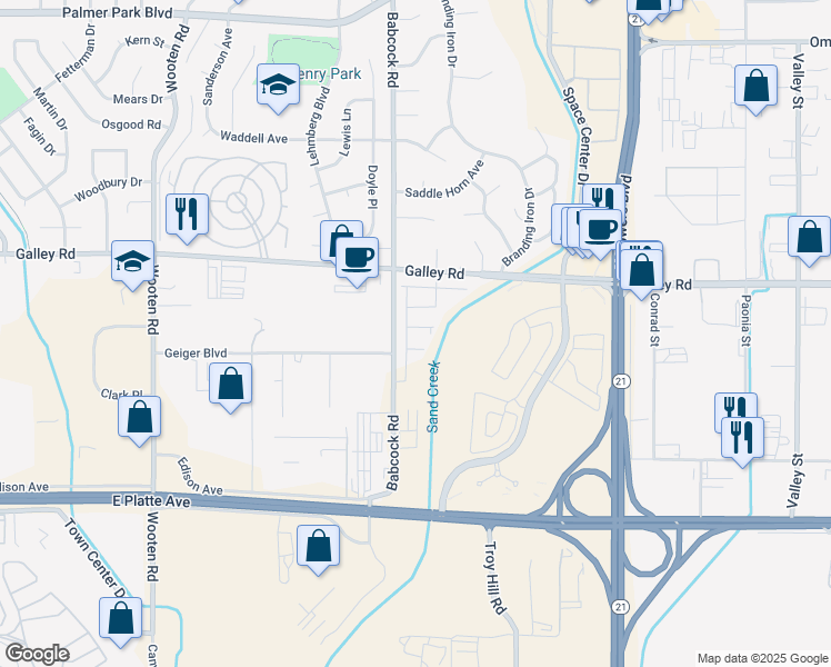 map of restaurants, bars, coffee shops, grocery stores, and more near 730 Babcock Road in Colorado Springs
