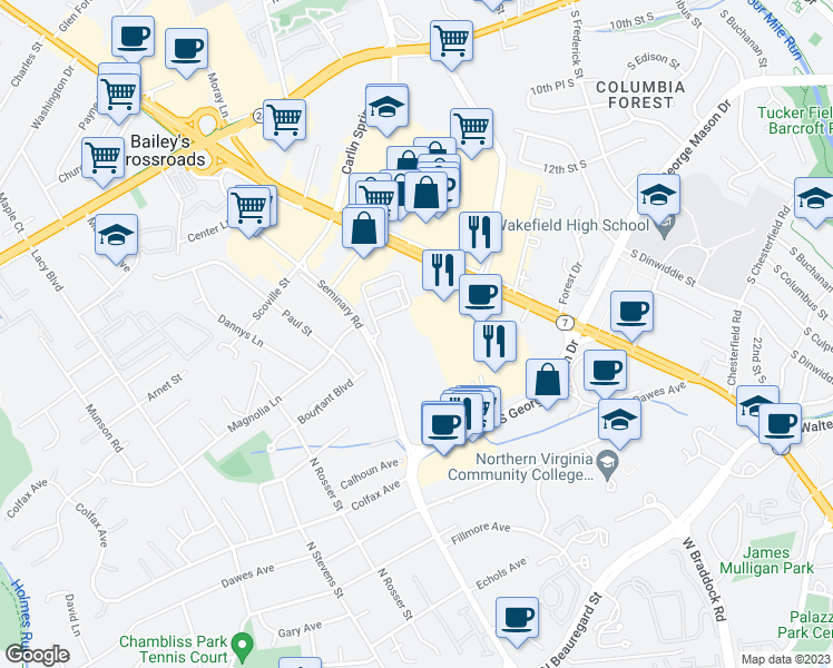 map of restaurants, bars, coffee shops, grocery stores, and more near 5575 Seminary Road in Falls Church