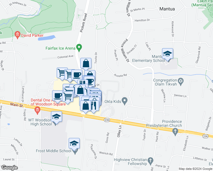 map of restaurants, bars, coffee shops, grocery stores, and more near 3704 Persimmon Circle in Fairfax