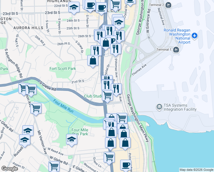 map of restaurants, bars, coffee shops, grocery stores, and more near 3400 South Clark Street in Arlington