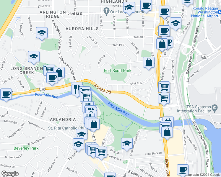map of restaurants, bars, coffee shops, grocery stores, and more near 3112 South High Street in Arlington
