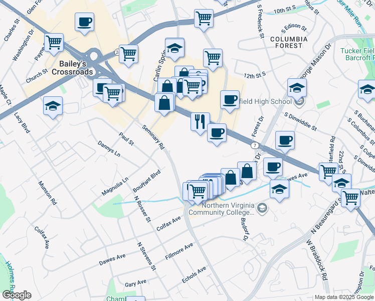 map of restaurants, bars, coffee shops, grocery stores, and more near 5575 Seminary Road in Falls Church