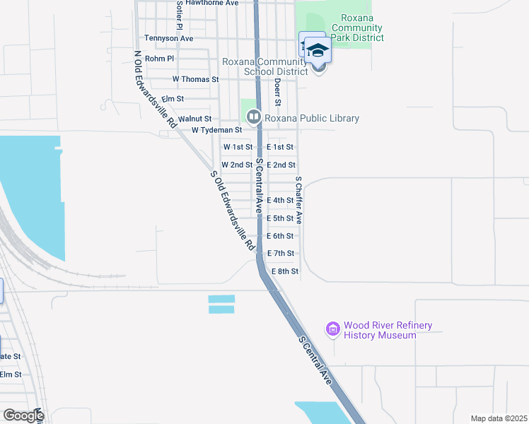 map of restaurants, bars, coffee shops, grocery stores, and more near 116 East 6th Street in Roxana