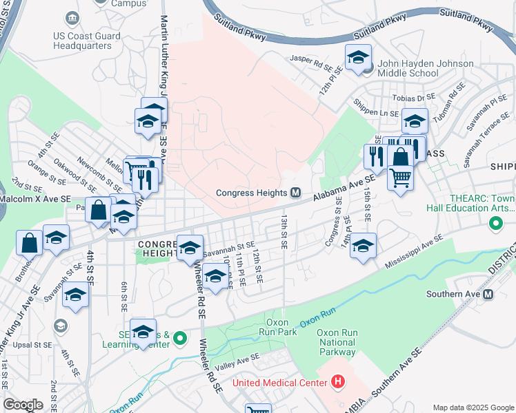 map of restaurants, bars, coffee shops, grocery stores, and more near 1201 Sycamore Drive Southeast in Washington