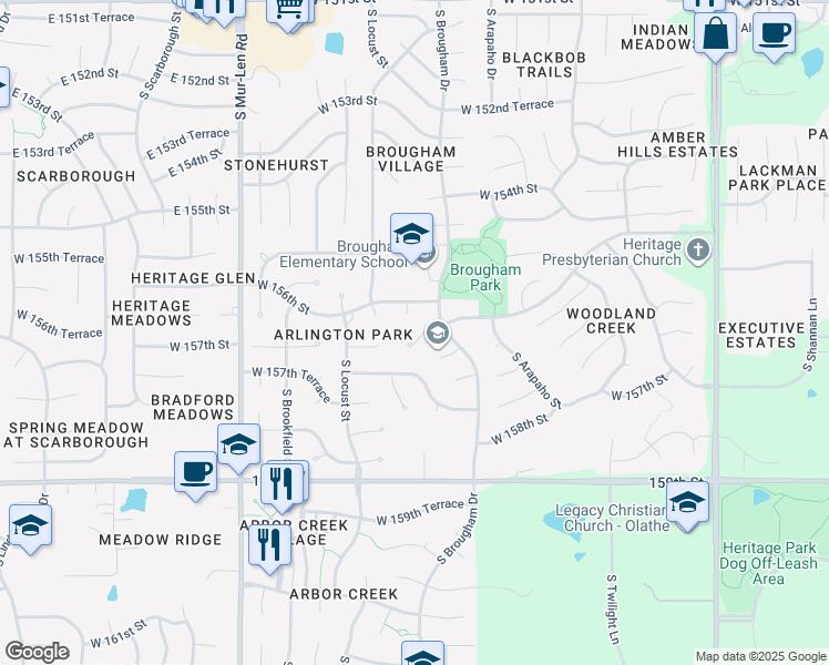 map of restaurants, bars, coffee shops, grocery stores, and more near 16252 West 156th Terrace in Olathe
