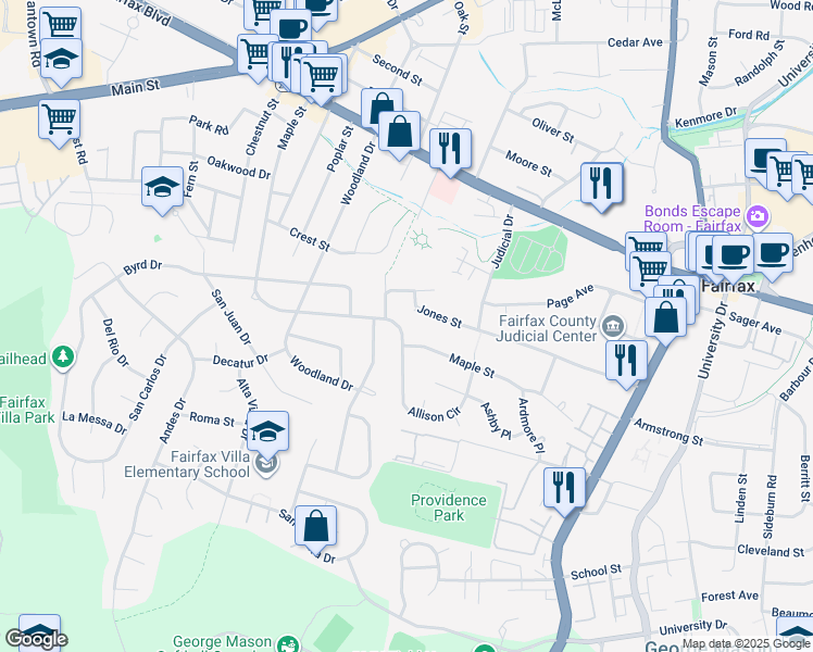 map of restaurants, bars, coffee shops, grocery stores, and more near 10738 Maple Street in Fairfax