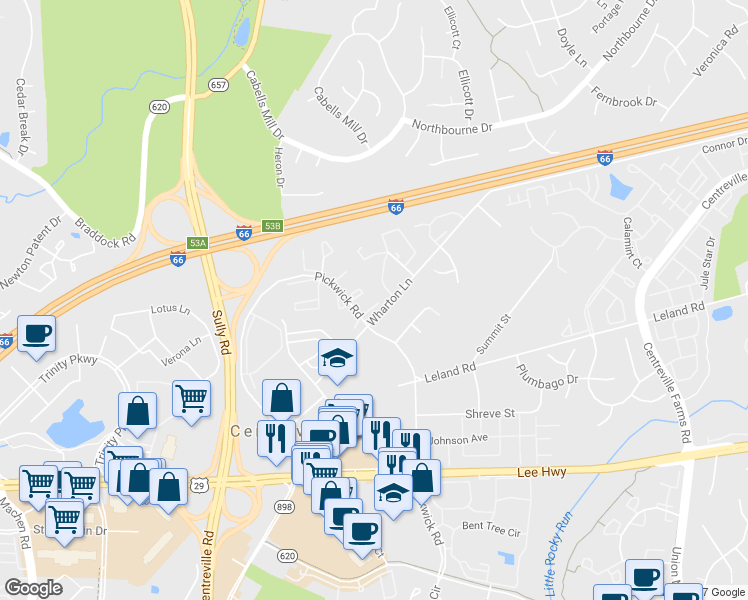 map of restaurants, bars, coffee shops, grocery stores, and more near 13804 Branham Court in Centreville