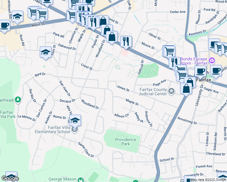 map of restaurants, bars, coffee shops, grocery stores, and more near 10738 Maple Street in Fairfax