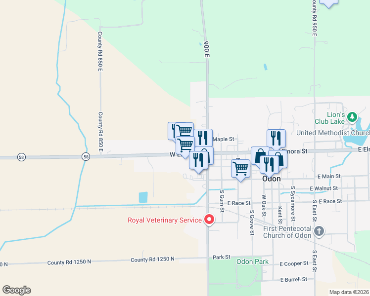 map of restaurants, bars, coffee shops, grocery stores, and more near 402 Odon Street in Elnora