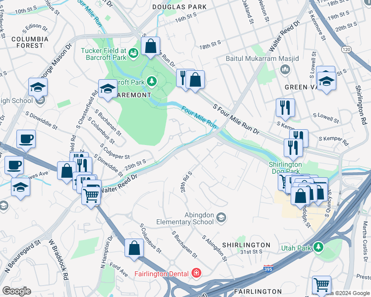map of restaurants, bars, coffee shops, grocery stores, and more near S Walter Reed Dr & S Wakefield St in Arlington