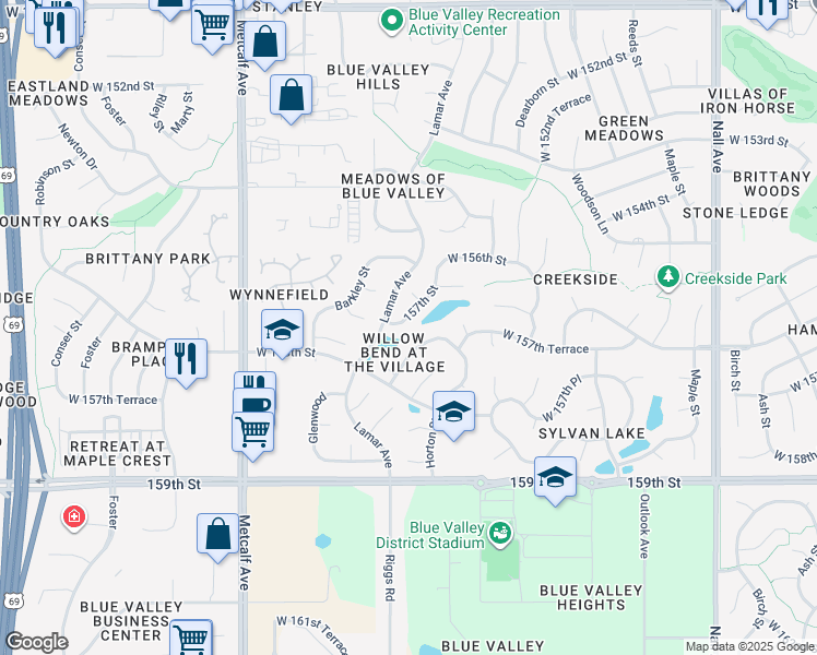 map of restaurants, bars, coffee shops, grocery stores, and more near 6267 157th Street in Overland Park