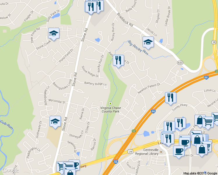 map of restaurants, bars, coffee shops, grocery stores, and more near 14514 Battery Ridge Lane in Centreville