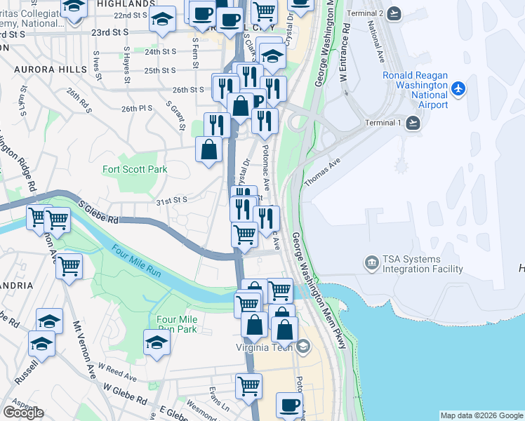 map of restaurants, bars, coffee shops, grocery stores, and more near 3400 Potomac Avenue in Arlington