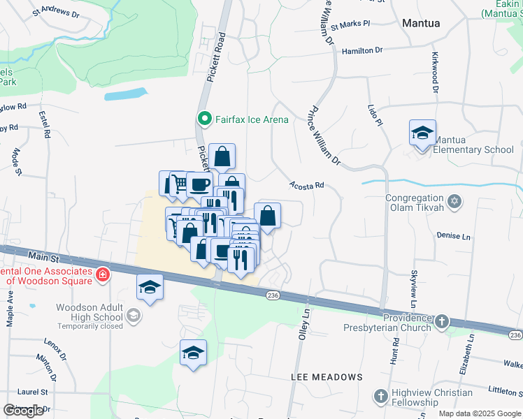 map of restaurants, bars, coffee shops, grocery stores, and more near 3837 Persimmon Circle in Fairfax