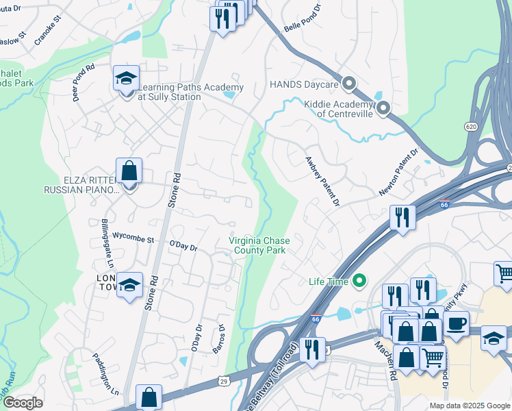 map of restaurants, bars, coffee shops, grocery stores, and more near 14514 Battery Ridge Lane in Centreville