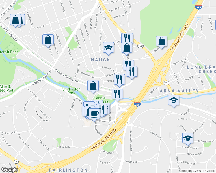 map of restaurants, bars, coffee shops, grocery stores, and more near 3523 South Four Mile Run Drive in Arlington