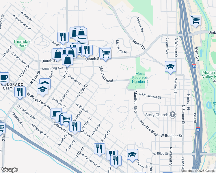 map of restaurants, bars, coffee shops, grocery stores, and more near 1530 Manitou Boulevard in Colorado Springs