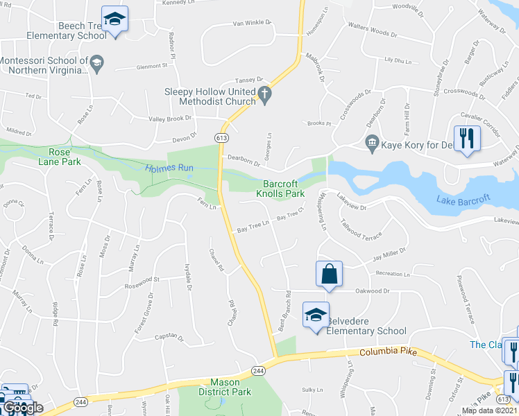 map of restaurants, bars, coffee shops, grocery stores, and more near 3612 Bent Branch Court in Falls Church