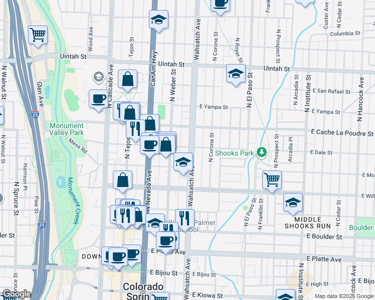 map of restaurants, bars, coffee shops, grocery stores, and more near 310 East Dale Street in Colorado Springs