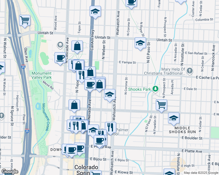 map of restaurants, bars, coffee shops, grocery stores, and more near 310 East Dale Street in Colorado Springs