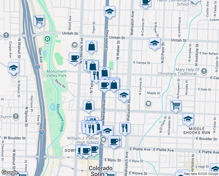 map of restaurants, bars, coffee shops, grocery stores, and more near 810 North Weber Street in Colorado Springs