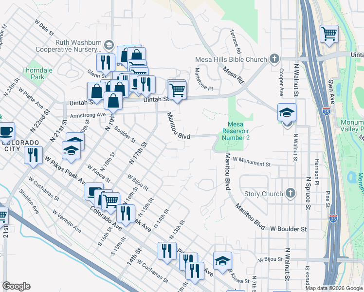 map of restaurants, bars, coffee shops, grocery stores, and more near 1530 Manitou Boulevard in Colorado Springs