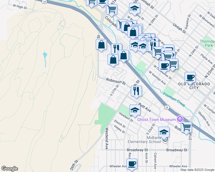 map of restaurants, bars, coffee shops, grocery stores, and more near 2710 Robinson Street in Colorado Springs