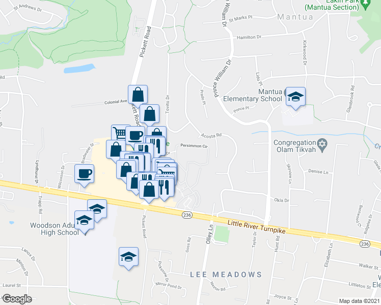map of restaurants, bars, coffee shops, grocery stores, and more near 3802 Latrobe Court in Fairfax