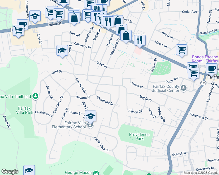 map of restaurants, bars, coffee shops, grocery stores, and more near 10811 Maple Street in Fairfax