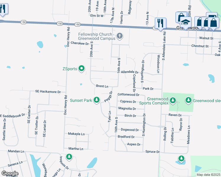 map of restaurants, bars, coffee shops, grocery stores, and more near 1707 Brent Lane in Greenwood