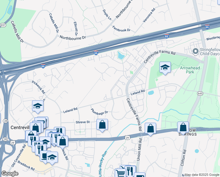 map of restaurants, bars, coffee shops, grocery stores, and more near 5476 Joseph Johnston Lane in Centreville
