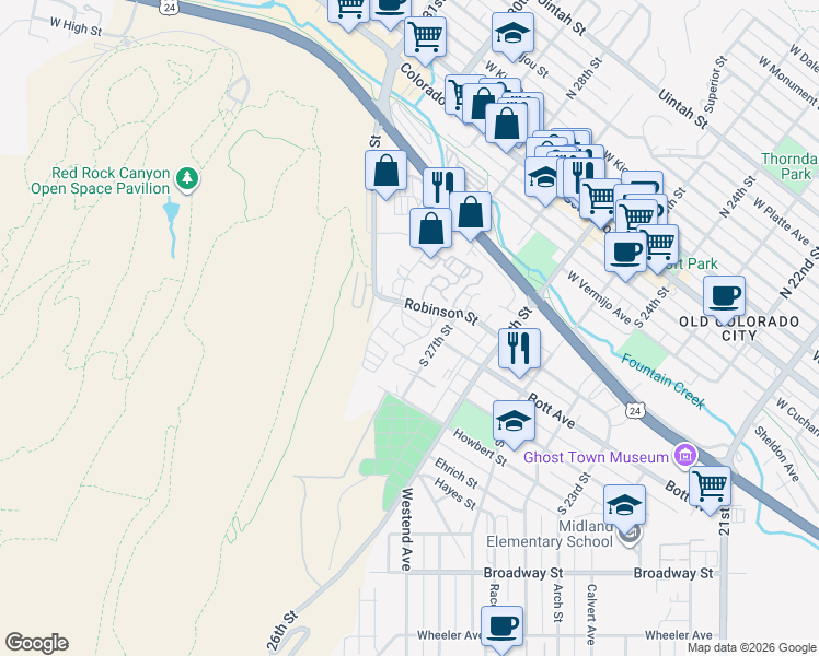 map of restaurants, bars, coffee shops, grocery stores, and more near 2710 Robinson Street in Colorado Springs