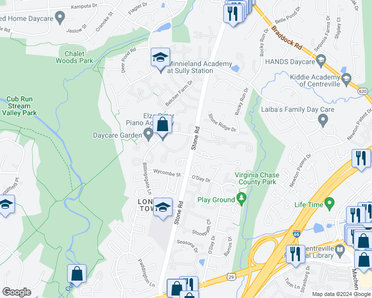 map of restaurants, bars, coffee shops, grocery stores, and more near 14723 Basingstoke Loop in Centreville