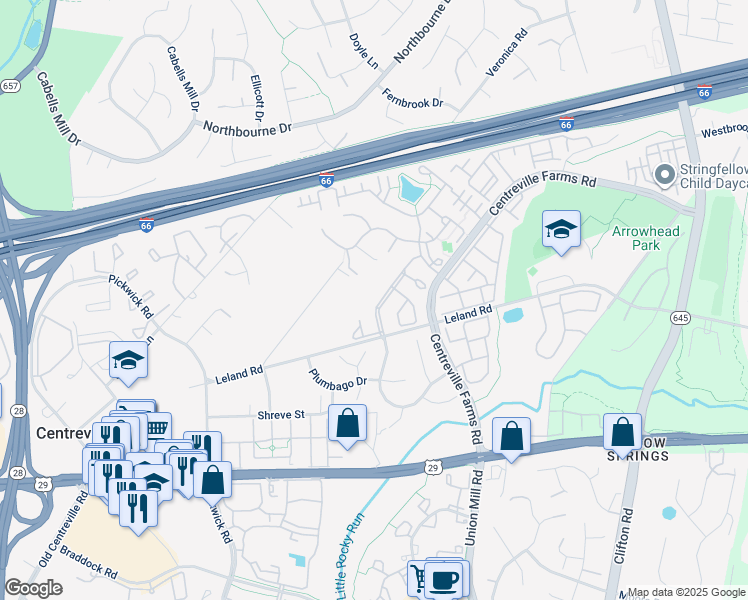 map of restaurants, bars, coffee shops, grocery stores, and more near 5476 Joseph Johnston Lane in Centreville