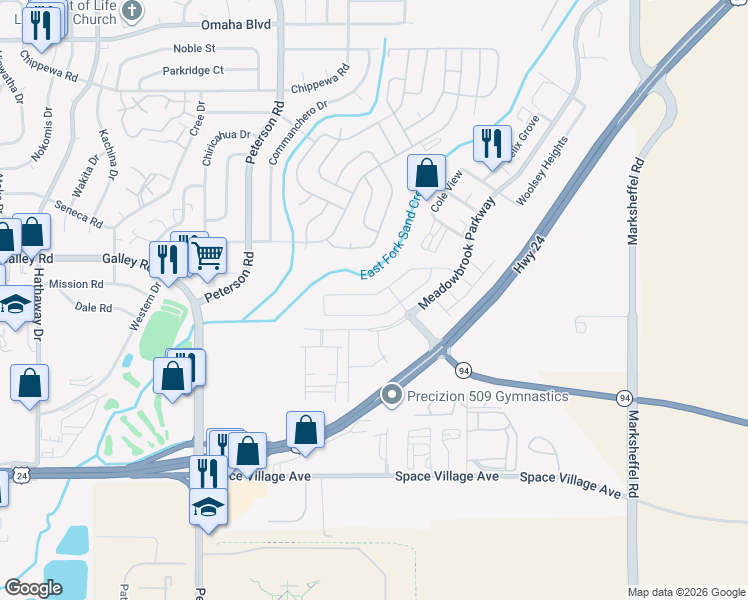 map of restaurants, bars, coffee shops, grocery stores, and more near 7136 Preble Dr in Colorado Springs