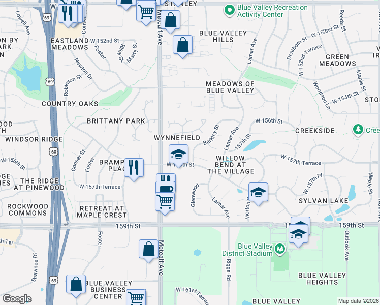 map of restaurants, bars, coffee shops, grocery stores, and more near 15728 Barkley Street in Overland Park