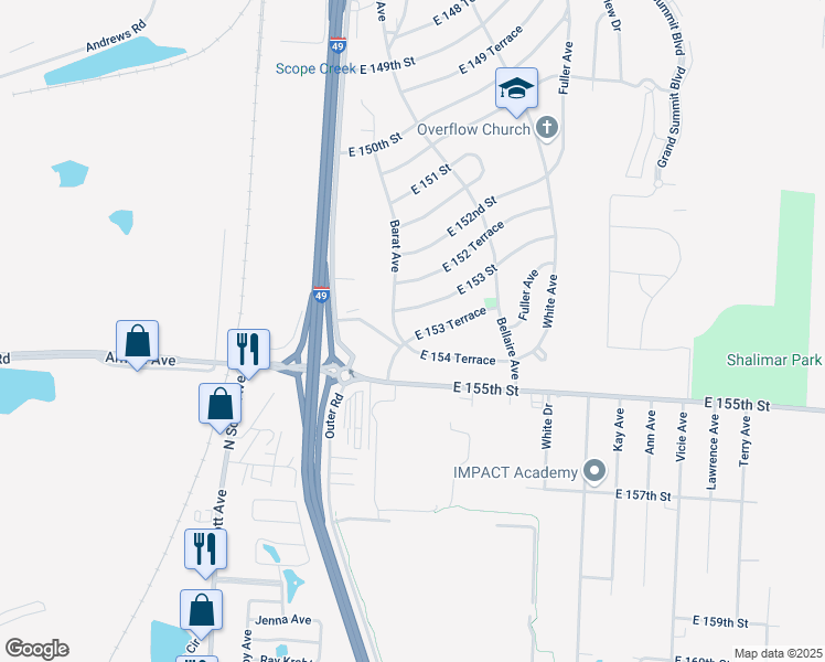 map of restaurants, bars, coffee shops, grocery stores, and more near 6002 East 153 Terrace in Grandview