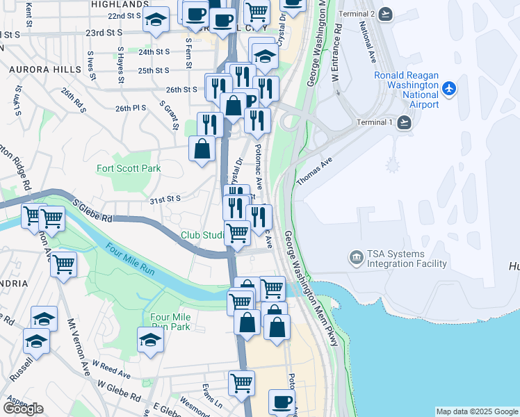 map of restaurants, bars, coffee shops, grocery stores, and more near 3400 Potomac Avenue in Arlington
