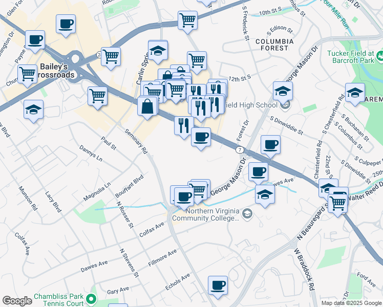 map of restaurants, bars, coffee shops, grocery stores, and more near 5205 Leesburg Pike in Falls Church