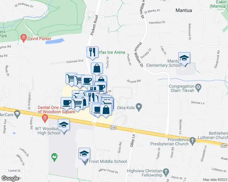 map of restaurants, bars, coffee shops, grocery stores, and more near 3837 Persimmon Circle in Fairfax