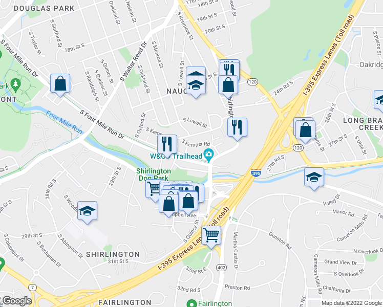 map of restaurants, bars, coffee shops, grocery stores, and more near 3531 South Four Mile Run Drive in Arlington