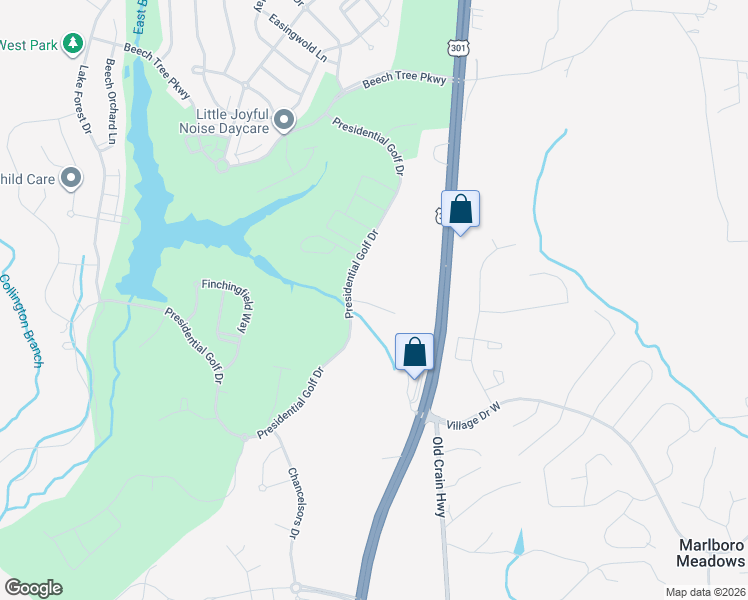 map of restaurants, bars, coffee shops, grocery stores, and more near 3306 Shalbourne Lane in Upper Marlboro