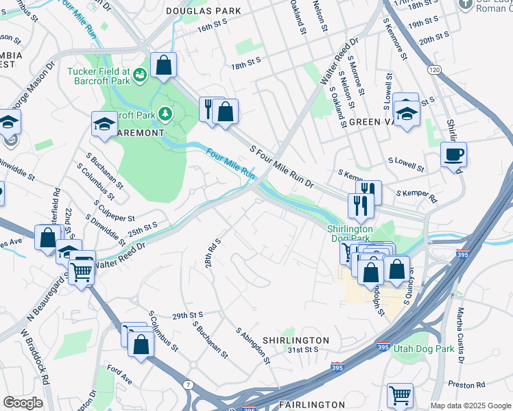 map of restaurants, bars, coffee shops, grocery stores, and more near 4522 28th Road South in Arlington