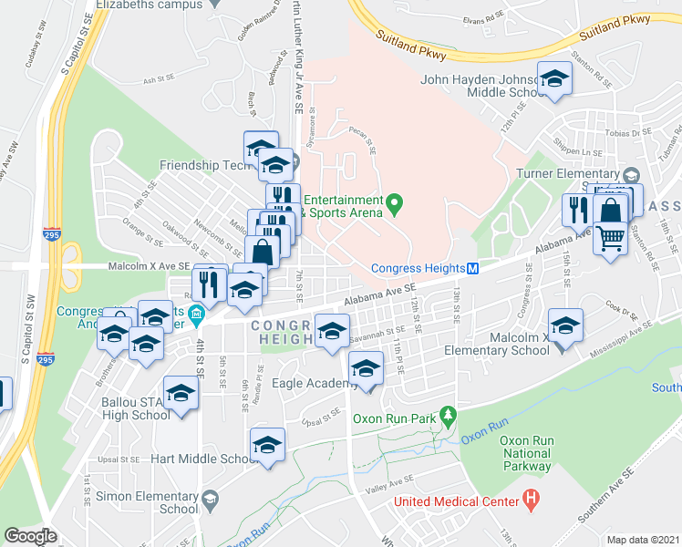 map of restaurants, bars, coffee shops, grocery stores, and more near 815 Malcolm X Avenue Southeast in Washington, D.C.