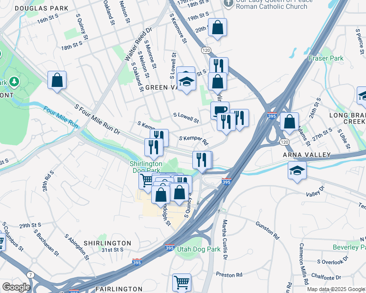 map of restaurants, bars, coffee shops, grocery stores, and more near 3531 South Four Mile Run Drive in Arlington