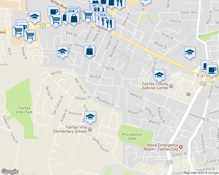 map of restaurants, bars, coffee shops, grocery stores, and more near 10811 Maple Street in Fairfax