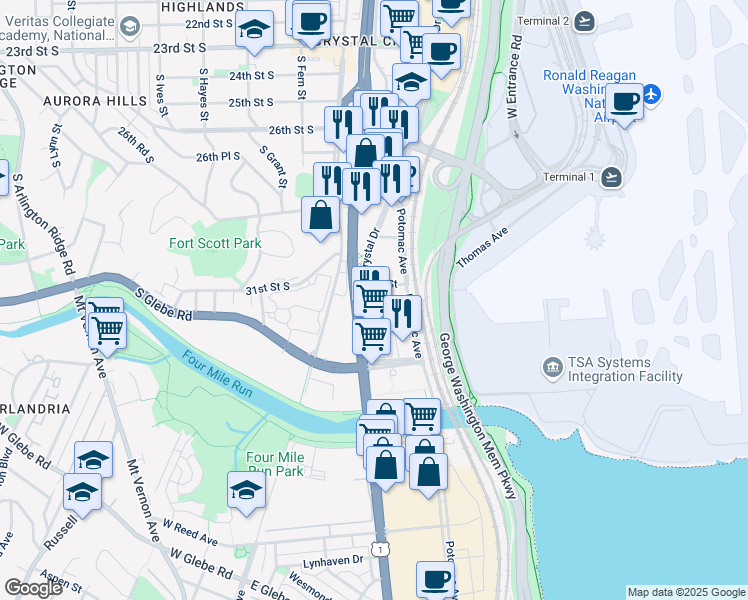 map of restaurants, bars, coffee shops, grocery stores, and more near 3400 South Clark Street in Arlington