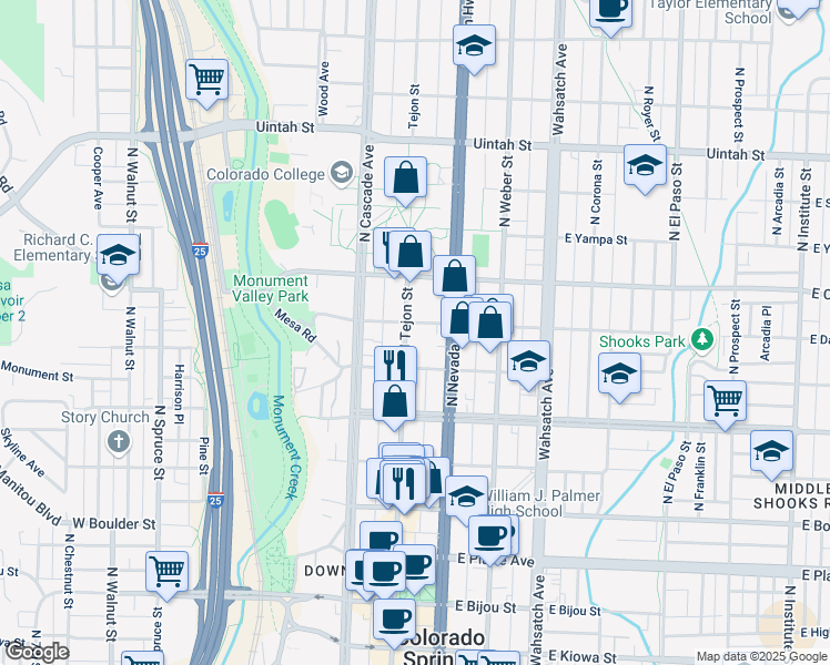 map of restaurants, bars, coffee shops, grocery stores, and more near 808 North Tejon Street in Colorado Springs