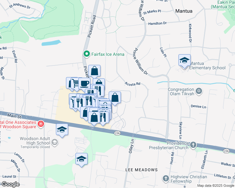 map of restaurants, bars, coffee shops, grocery stores, and more near 3704 Persimmon Circle in Fairfax