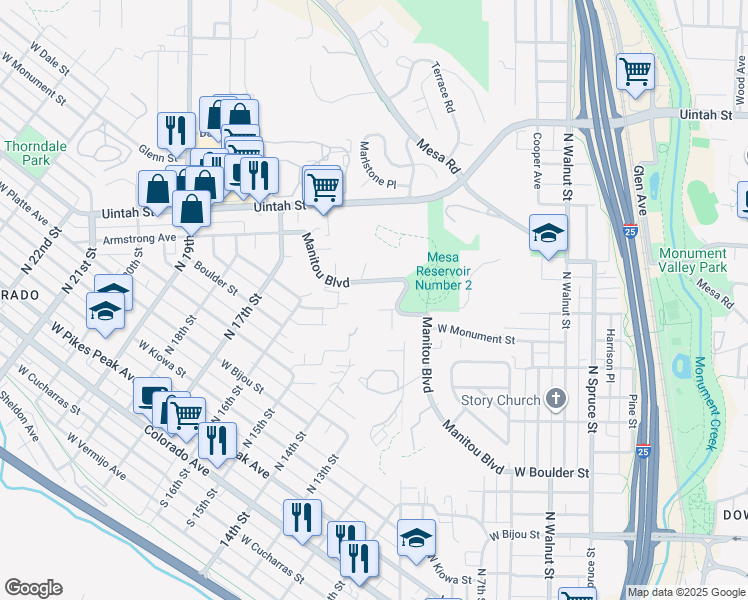 map of restaurants, bars, coffee shops, grocery stores, and more near 1445 Manitou Boulevard in Colorado Springs